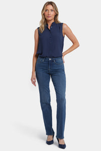 No Gapper™ Marilyn Straight Jeans In Petite In Sure Stretch® Denim With Striped Stretch Ba | Valencia Surf | Pants | NYDJ