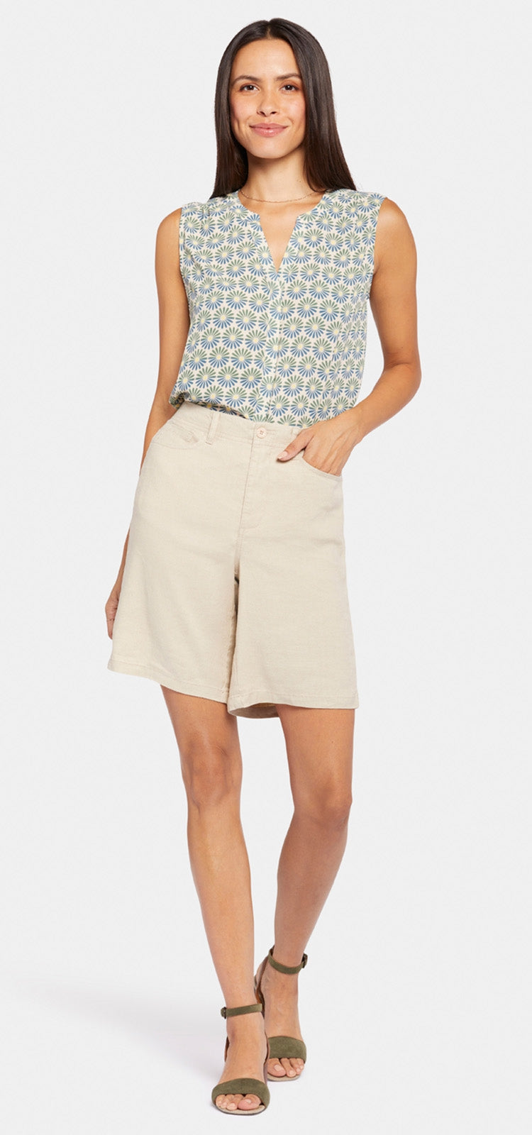 5 Pocket Bermuda Short Beige Stretch Linen | Feather | Shorts | NYDJ