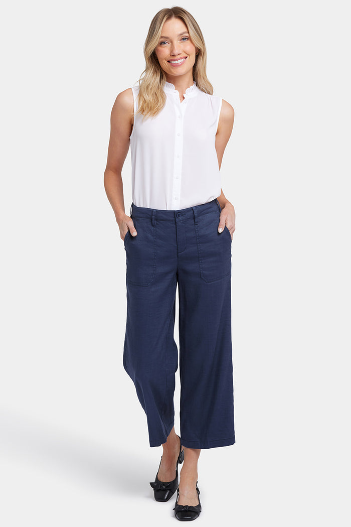 Wide Leg Cargo Capri Pants In Stretch Linen | Oxford Navy