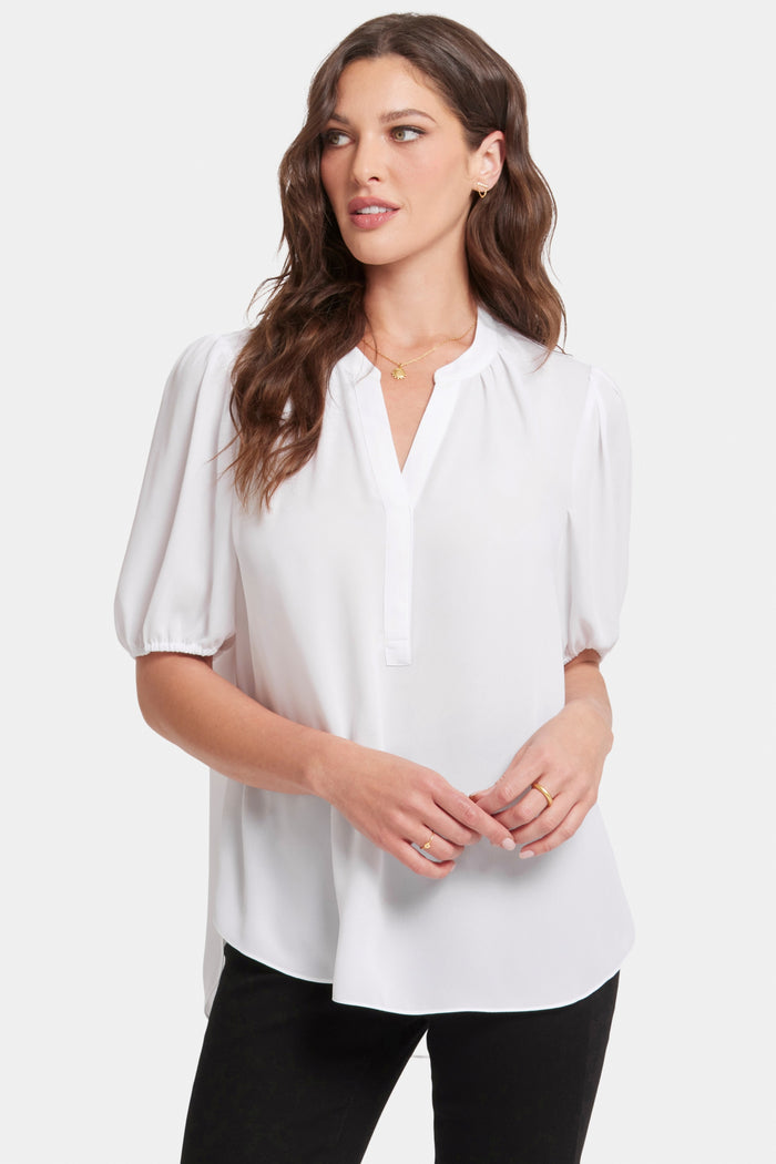 Short Puff Sleeved Popover Top | Optic White | Blouse | NYDJ