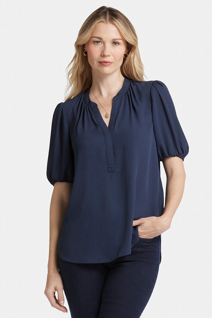 Short Puff Sleeve Top | Oxford Navy | Blouse | NYDJ