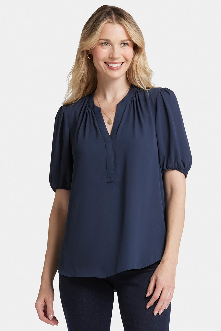 Short Puff Sleeved Popover Top | Oxford Navy | Blouse | NYDJ