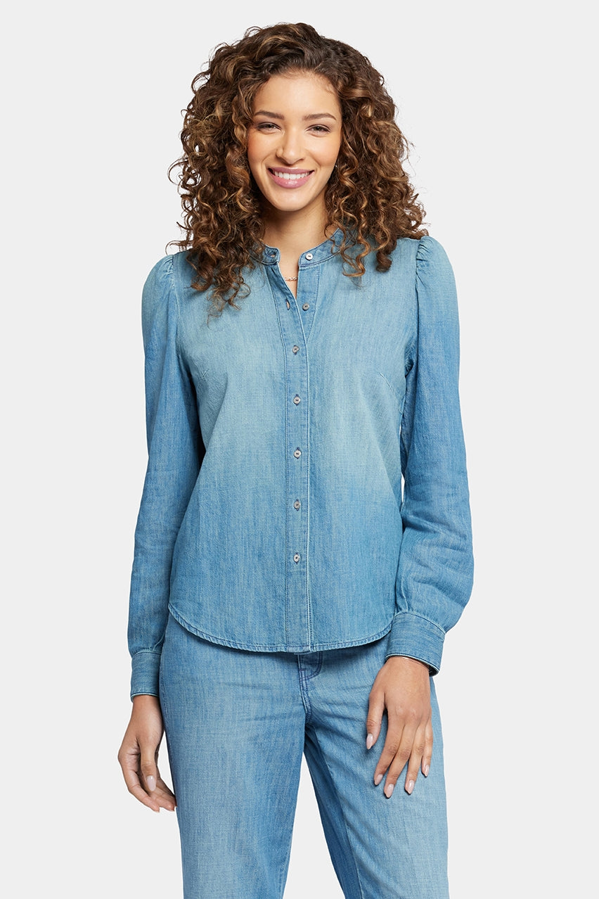 Puff Sleeve Denim Shirt Medium Blue | Crown | Blouse | NYDJ