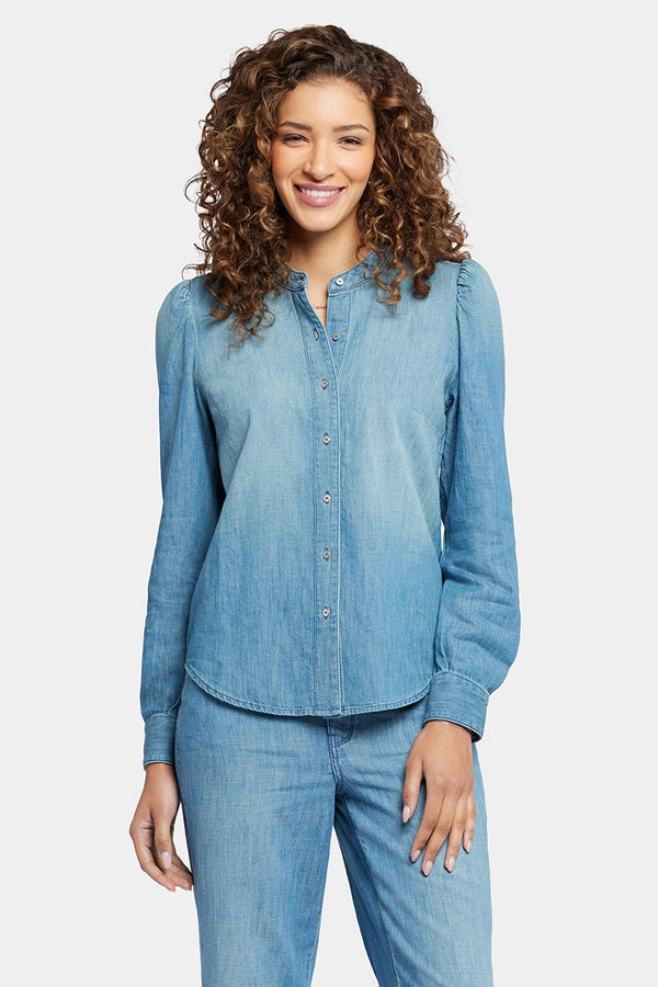 Puff Sleeve Denim Shirt Medium Blue | Crown | Shirt | NYDJ