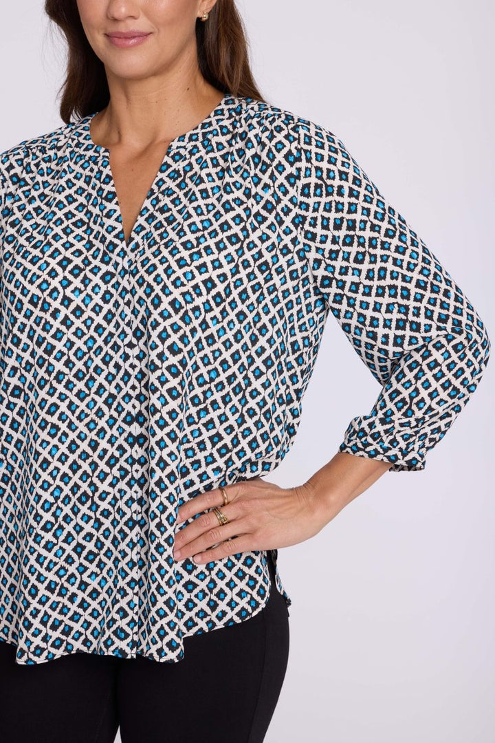 Pintuck Blouse | Lattice Geo Blue Bay - NYDJ