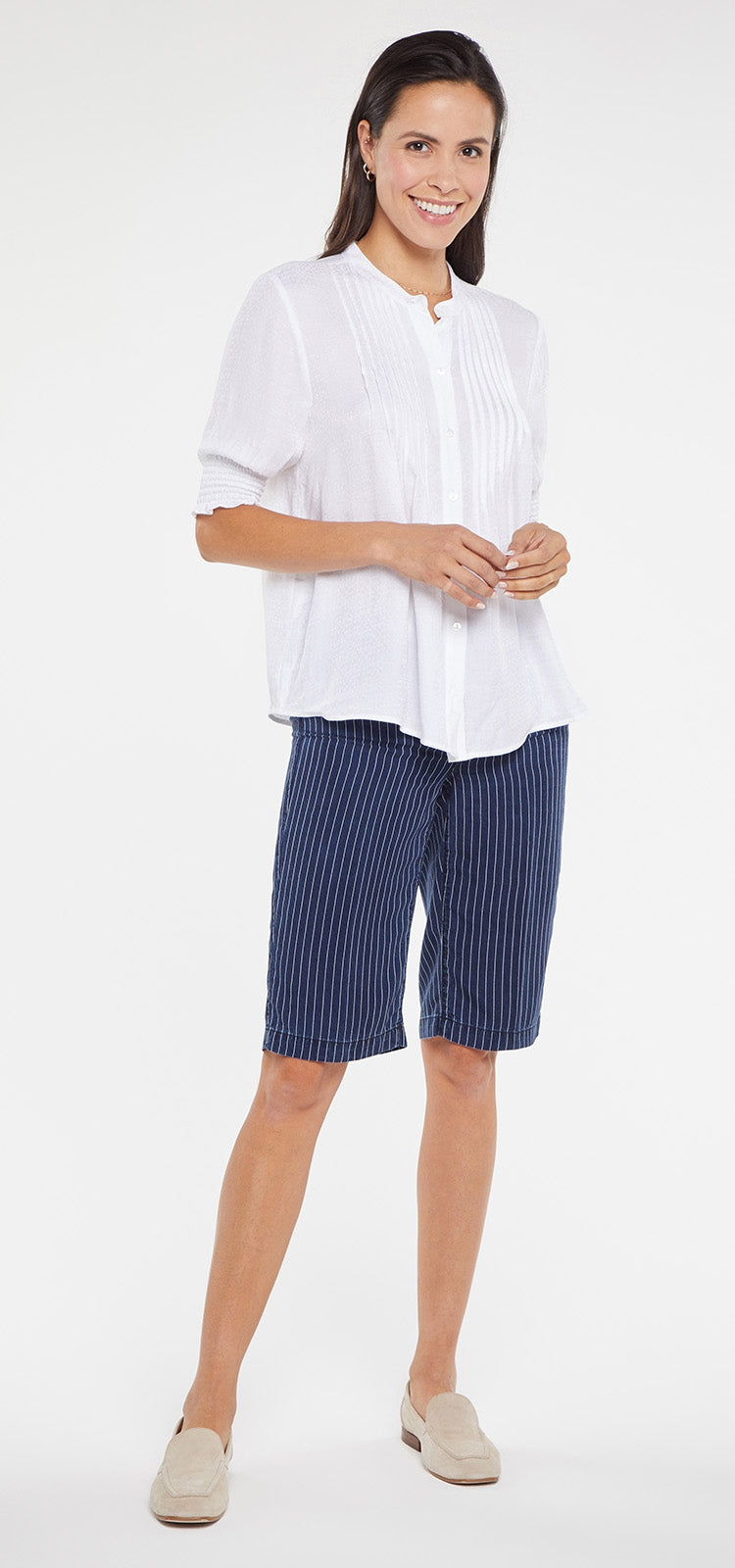 Pleated Short Sleeved Blouse White | Optic White | Top | NYDJ